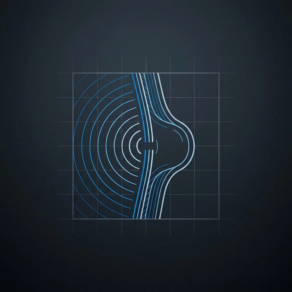 Sezione schematica della parete con una breccia nella fascia, una sporgenza arrotondata che fuoriesce e linee di pressione concentriche che spingono dall’interno